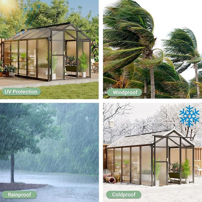 6x10 FT Greenhouse, Outdoor Sliding Door, Polycarbonate Greenhouse with Aluminum Frame, Lockable Door and Ajustable Roof Vent for Backyard, Outside Garden Backyard, Patio, Black