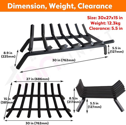 Fireplace Log Grate 30 inch 7 Bar Fire Grates Heavy Duty 3/4” Wide Solid Steel Indoor Chimney Hearth Outdoor Fire Place Kindling Tool Pit Wrought Iron Wood Stove Firewood Burning Rack Holder