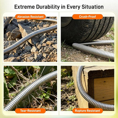 Garden Hose, 100ft 5/8" Stainless Steel Water Hose w/ 10-Mode Spray Nozzle, On/Off Valve, 523 PSI Burst, Anti-Kink, Lightweight All-Weather Flexible, Leakproof 3/4" Brass Male to Female Fittings