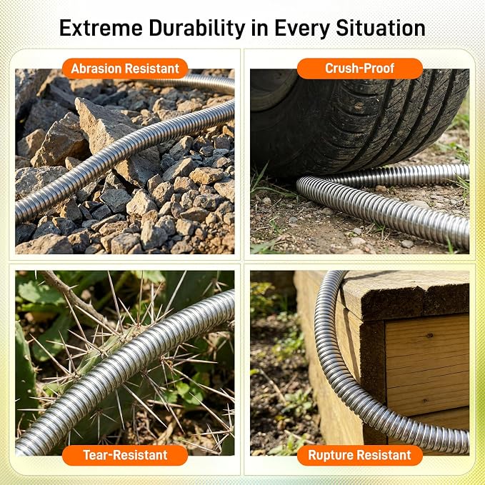 Garden Hose, 75ft 5/8" Stainless Steel Water Hose w/ 10-Mode Spray Nozzle, On/Off Valve, 523 PSI Burst, Anti-Kink, Lightweight All-Weather Flexible, Leakproof 3/4" Brass Male to Female Fittings