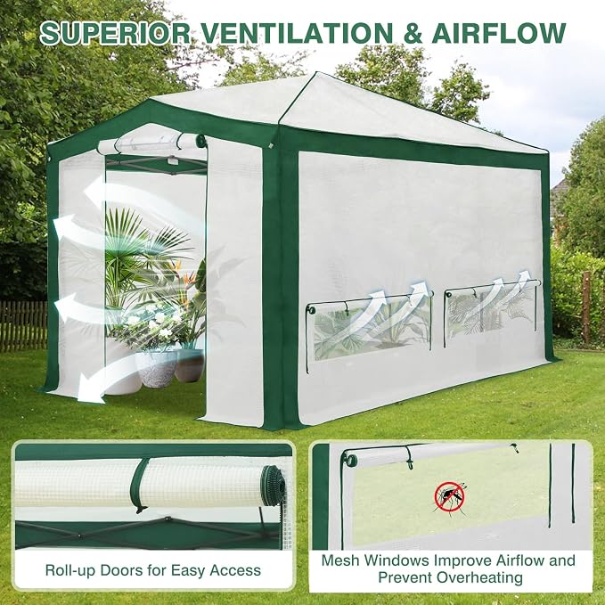 EAGLE PEAK 12x8 Portable Walk in Greenhouse with Polyester Reinforced Corners, Instant Pop up Indoor Outdoor Gardening Green House, Roll Up Zipper Doors Mesh Windows & Winter Support Pole, Green/White