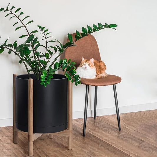 D'vine Dev Plastic Pot with Natural Wood Stand, Black, 16 in, 55-C-Y-2 | Mid-Century Inspired Design, Elevated Plant Display, Clean Lines, Sturdy Support, Modern Space-Saving Style