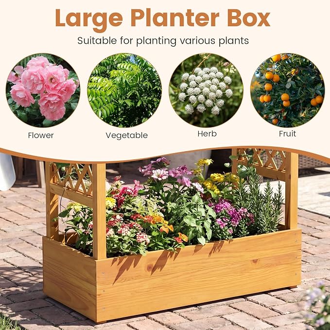 Happygrill 70" Raised Garden Bed with Trellis, 2 Pack Wood Planter Box w/Hanging Roof, 2 Side Trellises, Open-Ended Base for Flower, Climbing Plant, Plant Container for Garden