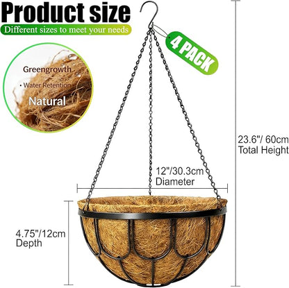 4 Pack 12 Inch Hanging Planters for Outdoor Plants, Large Metal Wire Hanging Flower Baskets with Coco Coir Liner, Black Hanging Plant Pots for Garden, Patio, Balcony & Indoor Home Decor