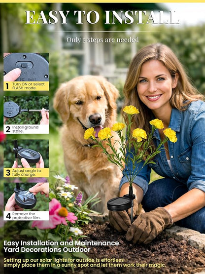 GIGALUMI Solar Lights Outdoor for Garden Decor, 2 Pack Solar Flower Lights Waterproof, 2 Lighting Modes 14 Carnations for Pathway,Yard, Patio Decoration, Gardening Gifts for Women (Yellow)