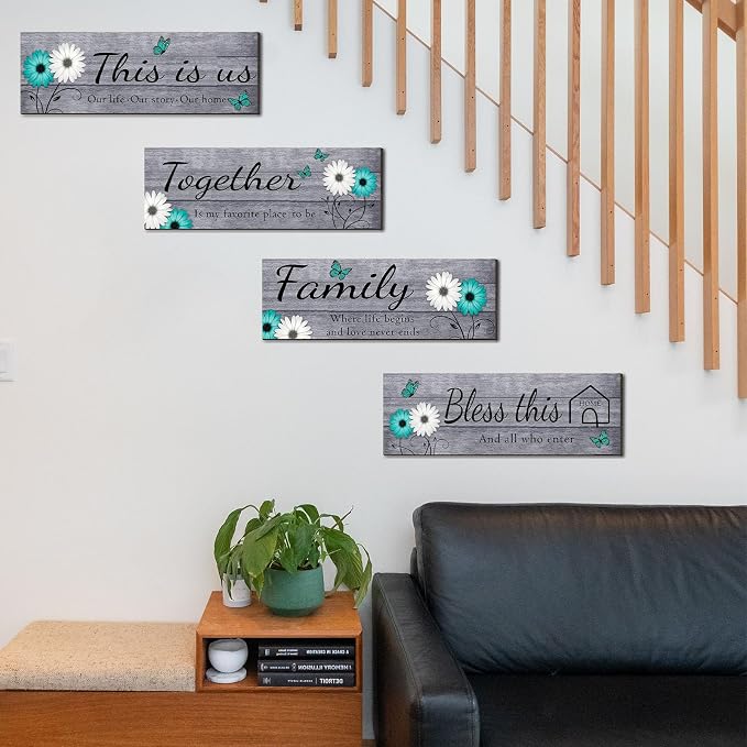 Joyhawk 4 Pcs Farmhouse Wall Decor with Teal Butterflies & Daisies, Rustic Wooden Signs Set (This is Us, Together, Family, Bless This Home), Grey Floral Wall Art for Living Room Bedroom, Housewarming Gift, 4.7" x 13.8"