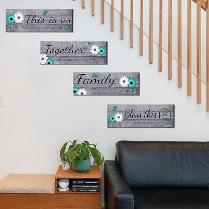 Joyhawk 4 Pcs Farmhouse Wall Decor with Teal Butterflies & Daisies, Rustic Wooden Signs Set (This is Us, Together, Family, Bless This Home), Grey Floral Wall Art for Living Room Bedroom, Housewarming Gift, 4.7" x 13.8"