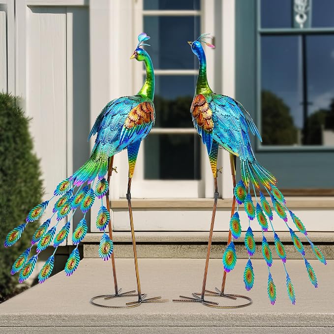 Oversized Peacock Decor Set of 2, 32" Outdoor Metal Yard Art | Hand-Painted Metal Peacock Sculpture. Weatherproof Garden Art for Lawn, Flower Beds, Patio, Backyard, or Indoor Home Decor.