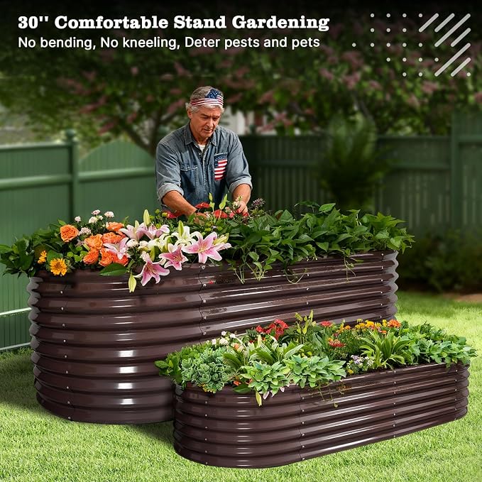 A ANLEOLIFE 30" Extra Tall Galvanized Raised Garden Beds Outdoor, 8x4x2.5ft Oval Metal Planter Boxes for Planting Vegetables, Flowers, Fruits, Eco-Safe & Easy Setup, CaféBronze
