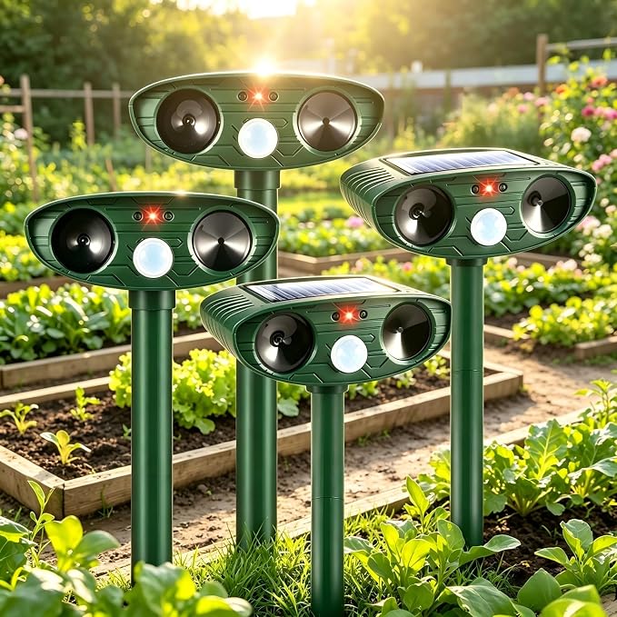 4 Pack Deer Repellent Devices,Cat Repellent Outdoor Solar Ultrasonic Animal Repeller for Squirrel Racoon Rabbit Fox Skunk,IP65 Waterproof Motion Sensor Sonic Fortress Pro Animal Deterrent for Garden