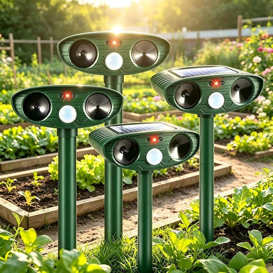 4 Pack Deer Repellent Devices,Cat Repellent Outdoor Solar Ultrasonic Animal Repeller for Squirrel Racoon Rabbit Fox Skunk,IP65 Waterproof Motion Sensor Sonic Fortress Pro Animal Deterrent for Garden