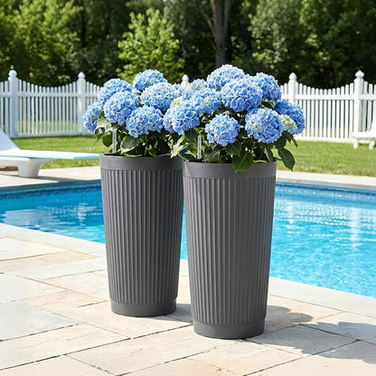 TUYOHW Set of 2 Large Round Tall Planter for Indoor or Outdoor 24" Flower Pots for Porch, Patio, Backyard, Large Planters for Outdoor Indoor Plants