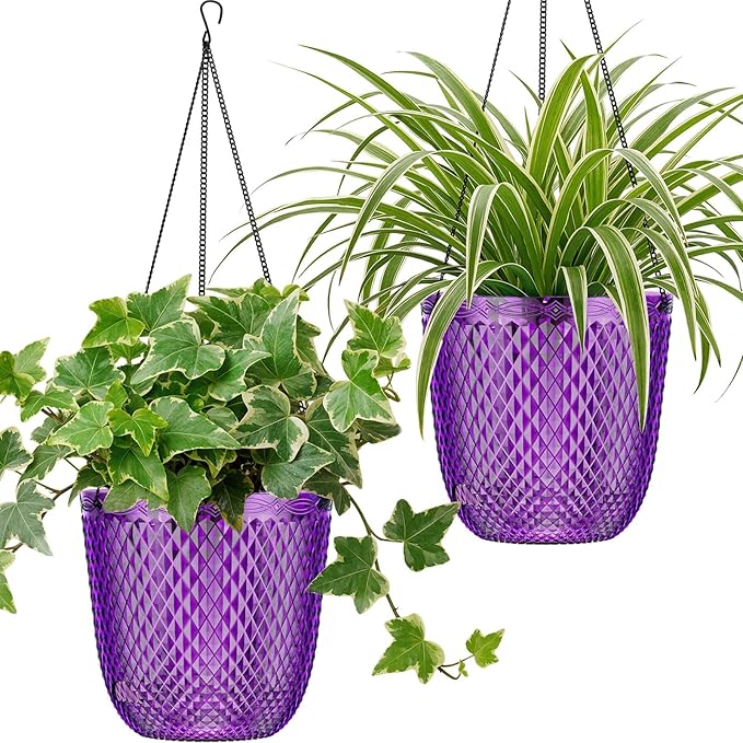 QCQHDU Hanging Planters for Indoor Plants, 2-Pack, 5.7 Inch, Purple | Plastic, Self Watering Plant Hanger, with Drainage Holes, 3 Hooks Chains, For Garden Home