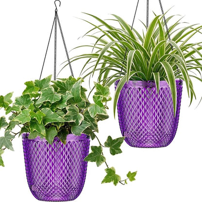 QCQHDU Hanging Planters for Indoor Plants, 2-Pack, 5.7 Inch, Purple | Plastic, Self Watering Plant Hanger, with Drainage Holes, 3 Hooks Chains, For Garden Home