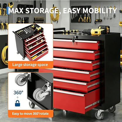 IDEALHOUSE Rolling Tool Chest, 6 Drawers Tool Storage Cabinet, Toolbox with Wheels, Portable Tool Cabinet Organizer with Locking System & Drawer Liners, Tool Storage Cart for Garage, Workshop