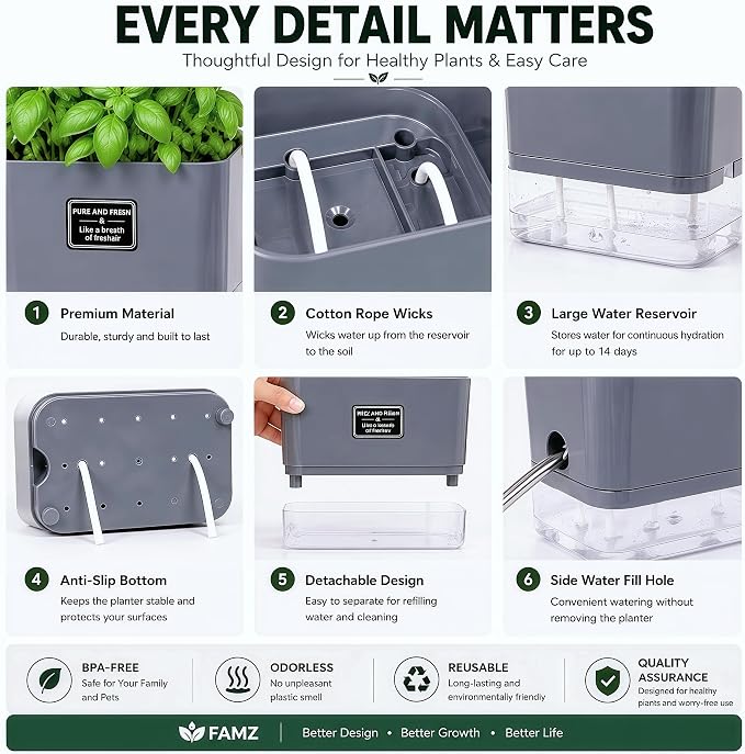 Self Watering Planters 4 Pack, 7 Inch Rectangle Plant Pots with Visible Water Reservoir, Indoor Outdoor Herb Planter Boxes for Windowsill，African Violets，Succulents，Flowers，Kitchen，Office，Balcony Gray