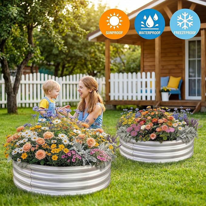 Land Guard 3×3×1ft Galvanized Raised Garden Bed Kit, Round Galvanized Planter Raised Garden Boxes Outdoor, Large Metal Raised Garden Beds for Vegetables, Silver