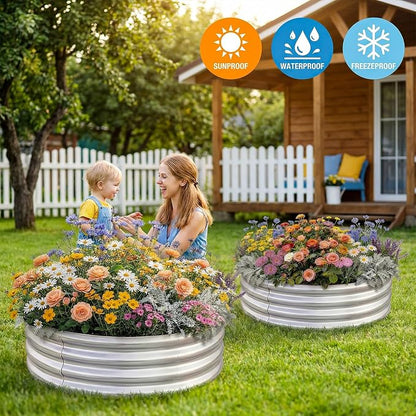 Land Guard 3×3×1ft Galvanized Raised Garden Bed Kit, Round Galvanized Planter Raised Garden Boxes Outdoor, Large Metal Raised Garden Beds for Vegetables, Silver