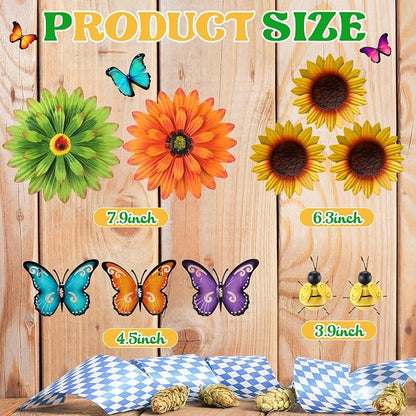 Therwen 10 Pcs Metal Wall Art Decor for Outside 3D Metal Sunflower Backyard Decorations Hanging Outdoor Wall Art Multicolored Flowers for Garden Fence Patio Yard Outdoor Porch
