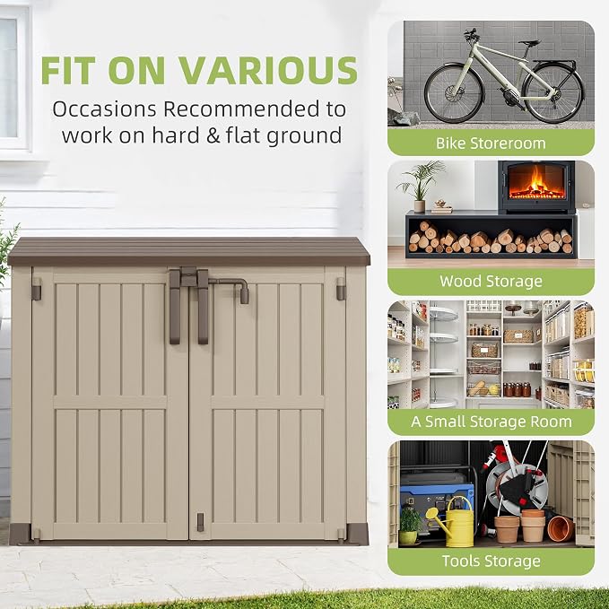 Outdoor Horizontal Resin Storage Box 36 Cu Ft with Lockable Doors, Portable Outdoor Storage Shed -Waterproof Outdoor Storage Cabinet for Garden Brown-Beige
