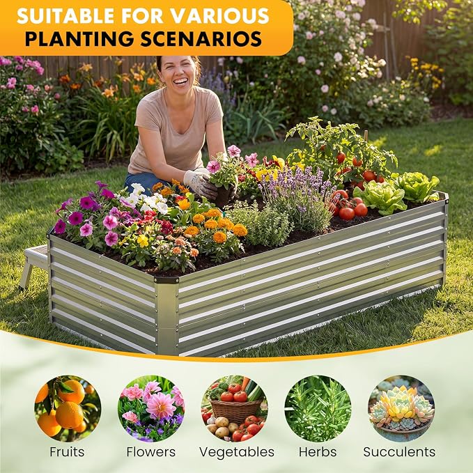 NEWBULIG Galvanized Raised Garden Bed Outdoor, 8x4x2ft Metal Planter Box for Gardening, Rust-Resistant Rectangular Raised Flower Bed for Vegetables Flowers Herbs, Open Bottom, Easy Assembly