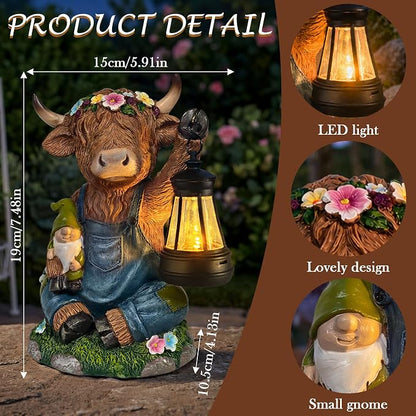 Solar Highland Cow Statue with LED Light - 6.6" Resin Scottish Cow Lantern Figurine, Farmhouse Animal Garden Decor for Pasture Patio Lawn Yard Outdoor Indoor, Housewarming Easter Gift for Women Mom