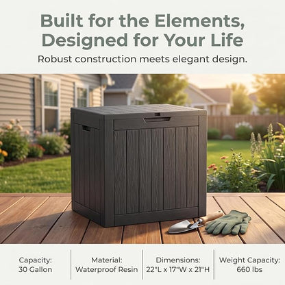 NicBex 30 Gallon Deck Box, Waterproof Resin Outdoor Storage Box Lockable for Patio Furniture, Fade Resistant Patio Side Table & Organizer for Garden Tools, Pool Floats, Outdoor Cushions, Black