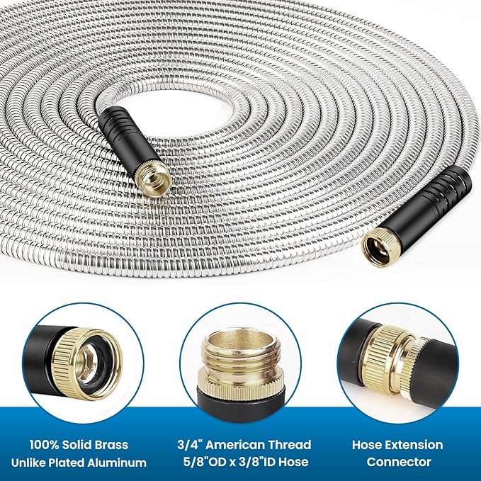 Garden Hose 50FT, Water Hose with 10 Function Nozzle, Garden Hose Metal with Leak-proof Connectors, Kink-Free & Ultra Flexible, Rust/Pet/Puncture Proof for Lawn, Yard, RV, Car Wash, 550PSI