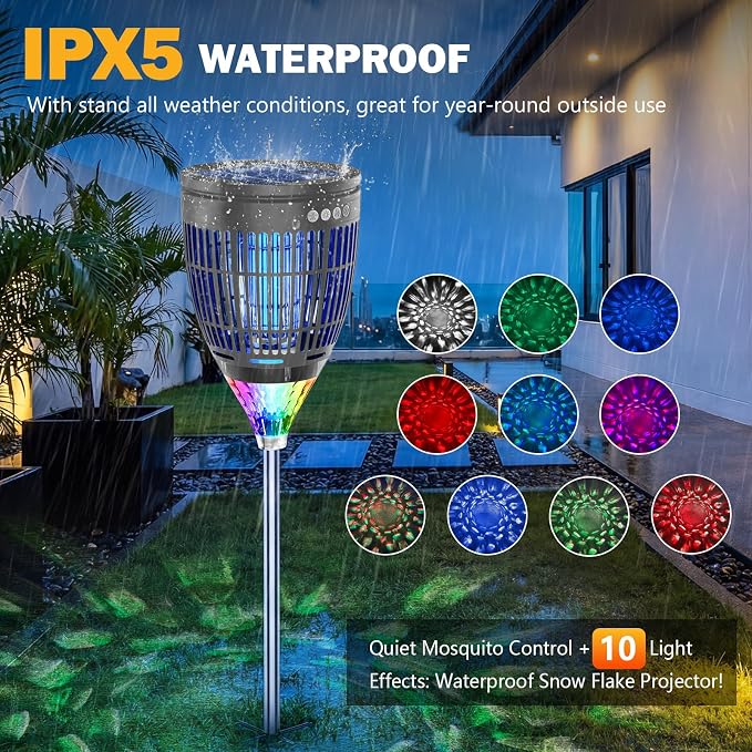 All in 1 Solar Bug Zapper Outdoor, Flame & Projection Mode, Auto/Manual Modes, 4200V Electric Mosquito Killer with High Powered, IPX5 Waterproof Rechargeable Fly Insect Trap for Patio Garden Yard RV