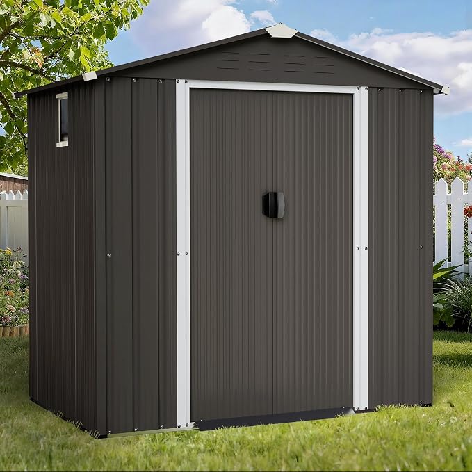 Shintenchi 6x4 FT Outdoor Storage Shed with Window, Lockable Outdoor Waterproof Tool Storage Sheds, Weather Resistant Tool Storage House Shed for Garden, Backyard,Patio Utility Tool Storage,Dark Gray
