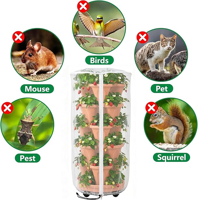 2 Pcs Vertical Plant Pot Insect Netting with Zipper, 39"x20" Stackable Planter Garden Net Cover, 3 to 5 Tier Planter Pot Insect Bird Barrier Protection Mesh for Strawberry Herb Flower Fruit Vegetable