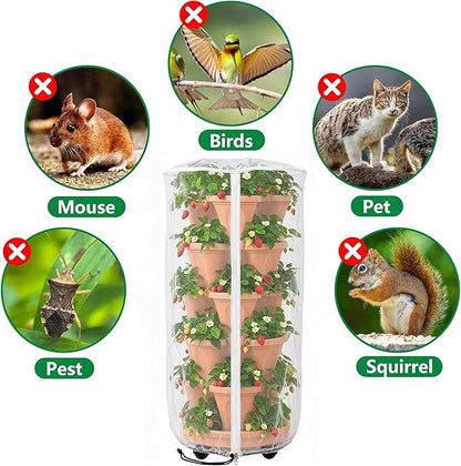 2 Pcs Vertical Plant Pot Insect Netting with Zipper, 39"x20" Stackable Planter Garden Net Cover, 3 to 5 Tier Planter Pot Insect Bird Barrier Protection Mesh for Strawberry Herb Flower Fruit Vegetable