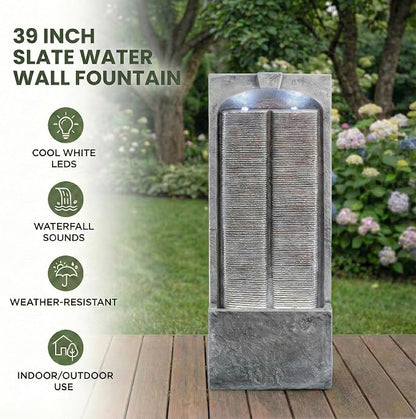 39" Outdoor Water Fountain with Quiet Pump, Outdoor Fountain with LED Lights, Weather-Resistant Outdoor Cascading Freestanding Fountain, Garden Water Feature, Slate-Style Wall, Grey