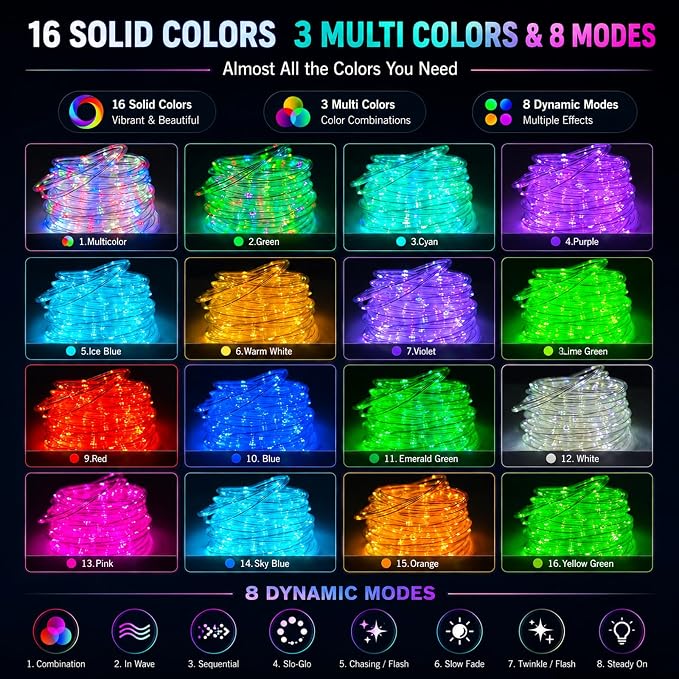 Vigdur 33FT Solar Rope Lights Outdoor - 100 LEDs 18 Color Changing LED Rope Lights Waterproof with Remote & Timer & 8 Lighting Modes, Outdoor Trampoline Lights for Xmas Garden Fence Tree Party