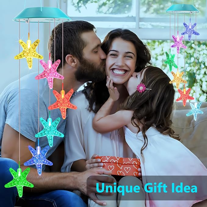 Solar Starfish Gift for Mom Grandma Girls, Colorful Solar Wind Chimes for Outside, Outdoor Decorative Mobile Lights for Garden, Yard, Patio, Window, Party, Outdoor Decorations