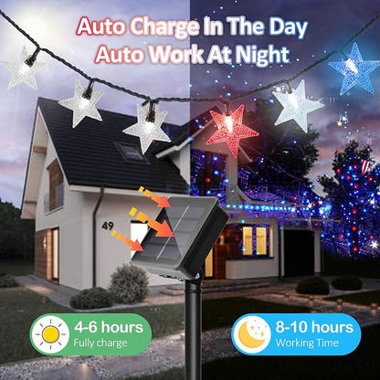 4th of July Twinkle Solar Star String Lights Outdoor 39FT/100L Fairy Lights | Red White and Blue 8 Modes Independence Day President Day Memorial Day