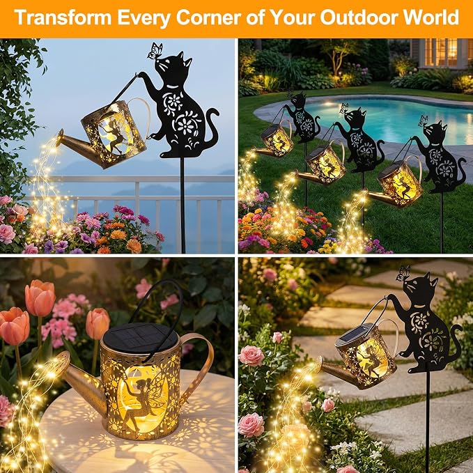 Solar Watering Can Light Outdoor Garden Decor Gifts for Cat Lover Mom Women | Cat Garden Decor, Rust-Resistant Metal, IP65 Waterproof, 8-12H Auto On/Off, Patio Pathway Yard