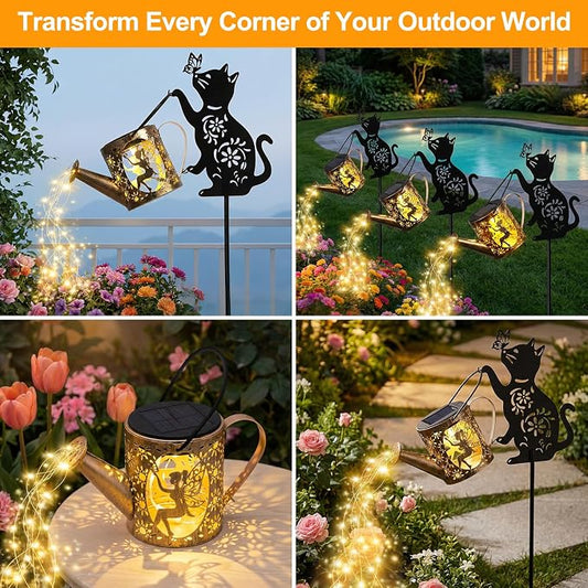 Solar Watering Can Light Outdoor Garden Decor Gifts for Cat Lover Mom Women | Cat Garden Decor, Rust-Resistant Metal, IP65 Waterproof, 8-12H Auto On/Off, Patio Pathway Yard