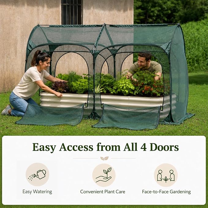 PORAYHUT All-in-One Raised Garden Bed and Crop Cage Net Kit, Metal Outdoor Planter Box with Protective Mesh Greenhouse Cover for Backyard Vegetables, Herbs, Flowers (5.25 * 2.6FT Raised Bed &NET)