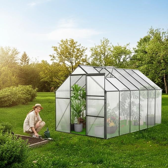 6x12 FT Greenhouse, Walk-in Polycarbonate Greenhouses with Sliding Doors, Aluminum Frame, Adjustable Roof Vent, Raised Base & Anchor, Outdoor Backyard Greenhouse for All Seasons, Black