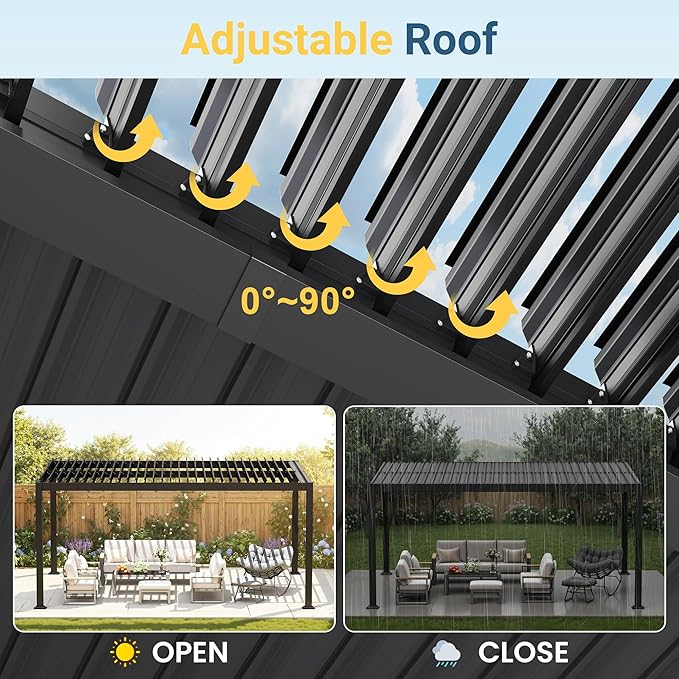 12' x 16' Louvered Pergola, Aluminum Frame Outdoor Pergola with Adjustable Louvered Roof & Integrated Gutter System, Hardtop Patio Gazebo for Backyard, Deck, Garden, Dark Gray