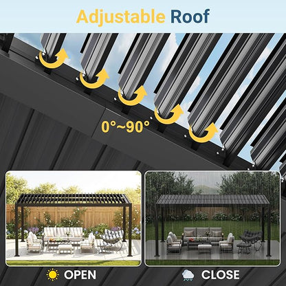 12' x 16' Louvered Pergola, Aluminum Frame Outdoor Pergola with Adjustable Louvered Roof & Integrated Gutter System, Hardtop Patio Gazebo for Backyard, Deck, Garden, Dark Gray
