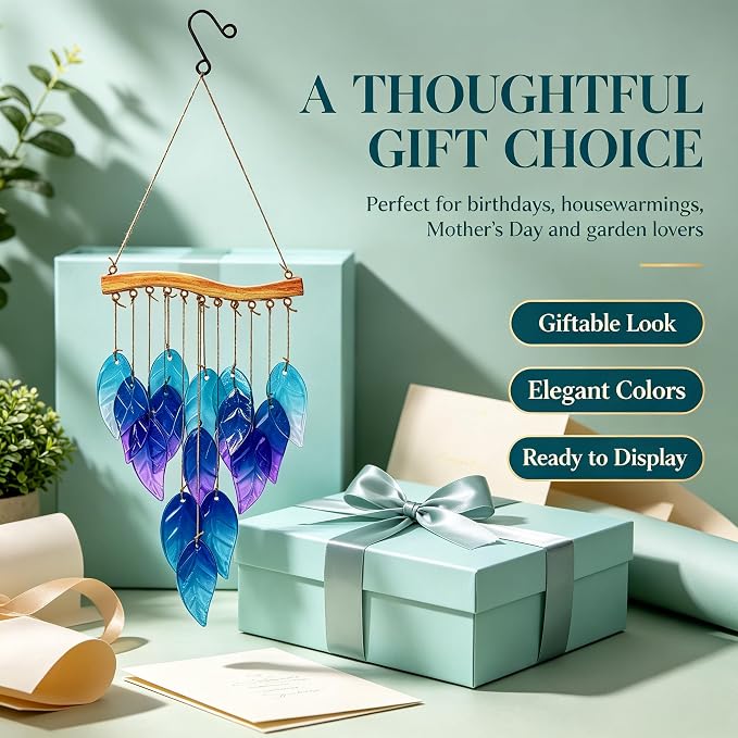 Wind Chimes Blue Glass Leaves, Garden Wind Chime for Home, Party, Festival Decor, Glass Garden Patio Yard Porch Decoration Indoor/Outside, Lifelike Leaf Style