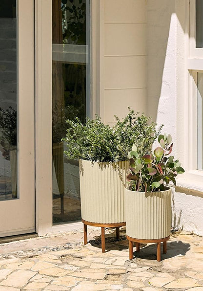 Veradek Demi Series Round Planter w/Stand for Porch/Patio | Durable Plastic-Stone Composite & Wooden Stand | Modern Décor for Tall Plants, Flowers