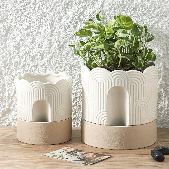 Nihow Ceramic Self Watering Pots for Indoor Plants, 8 Inch,Beige | Visible Water Level Fill Port,Planter with Cotton Wick,Water Storage Plus, Cylinder Round Flower Pot, Succulent/Herbs/Violets