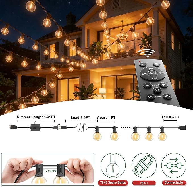 LED Outdoor-String-Lights with Remote 75FT Waterproof Patio lights for Yard | 1FT Bulbs Apart, Dimmable Edison lights String, Connectable Patio Lights with Remote,Timer, 3 Modes for Backyard, Bistro