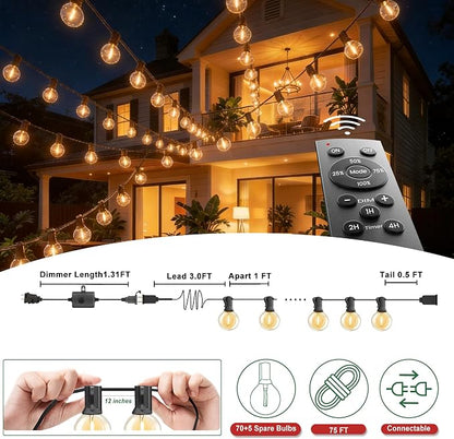 LED Outdoor-String-Lights with Remote 75FT Waterproof Patio lights for Yard | 1FT Bulbs Apart, Dimmable Edison lights String, Connectable Patio Lights with Remote,Timer, 3 Modes for Backyard, Bistro