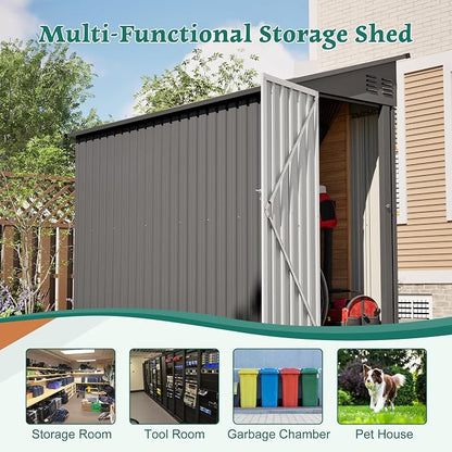 YOPTO 4×8 FT Lean to Metal Shed,Outdoor Heavy-Duty Storage Shed with Floor Base,All Weather Waterproof Garden Tool House W/Lockable Door&2 Air Vents,Reversible Door Design,for Backyard,Patio,Lawn,Gray