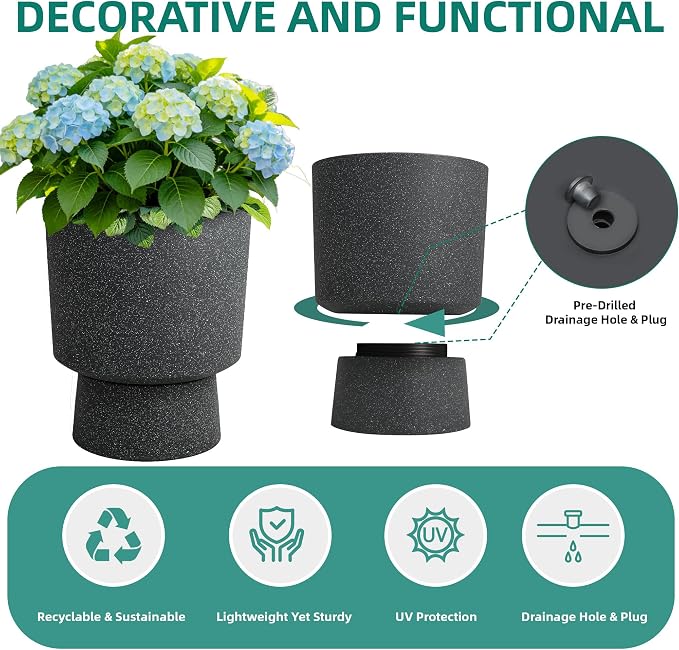 2-Pack 16.8" Black Terrazzo Pedestal Planters with Drainage Holes | Set of 2 PP pedestal planters with black terrazzo finish, drainage plugs, and weather-resistant surface for porch or patio