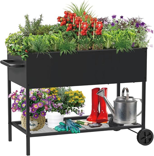 JWPEHOE 34 × 15 × 31 Inches Raised Garden Bed with Legs/Storage Shelf, Mobile Planter Box for Outdoor Plants, Elevated Garden Bed for Backyard, Balcony, Black